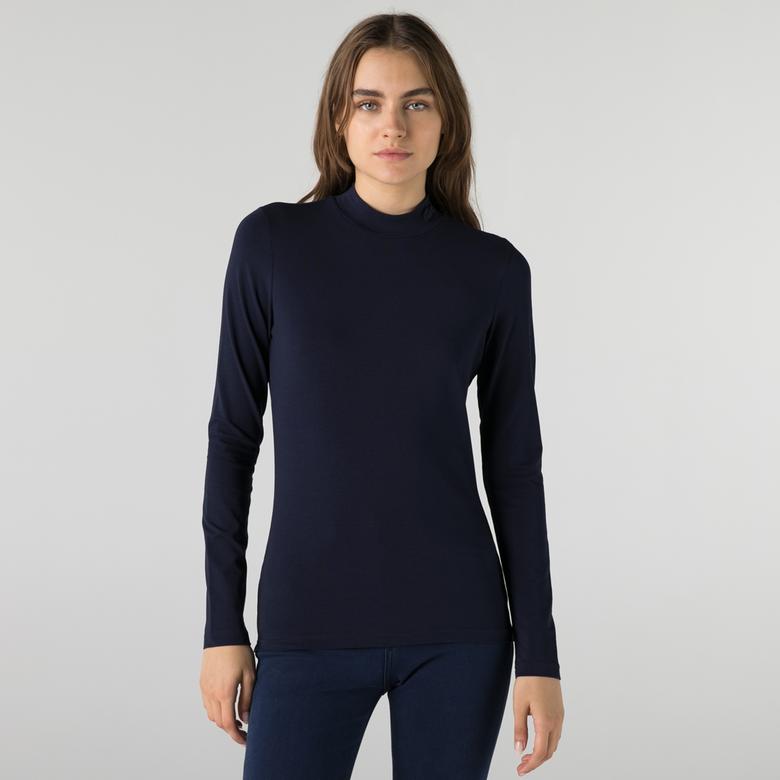 Lacoste Kadın Slim Fit Uzun Kollu Yarım Yaka Lacivert T-Shirt