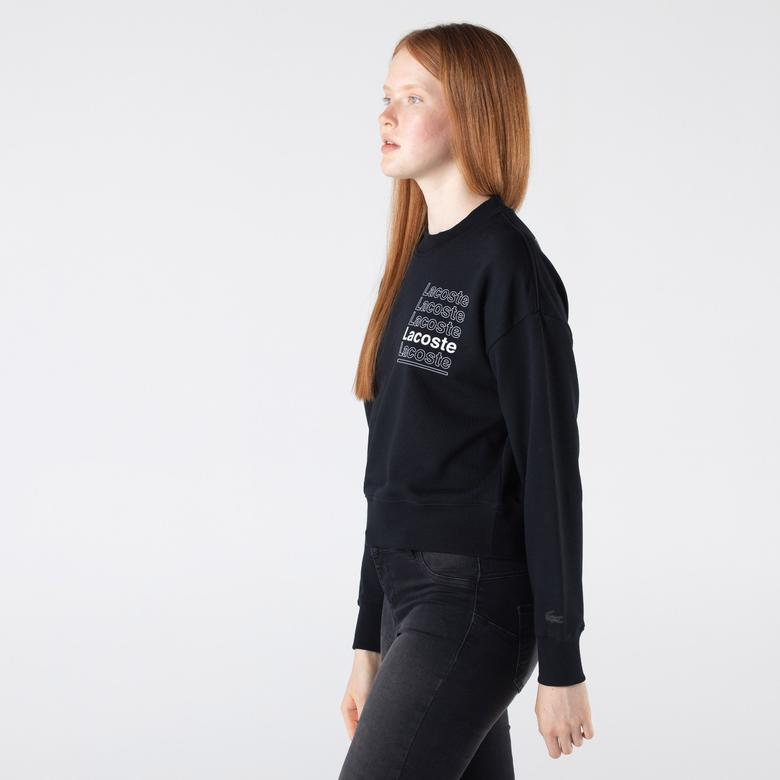 Lacoste L!ve Kadın Boxy Fit Bisiklet Yaka Baskılı Siyah Sweatshirt