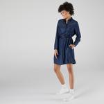 Lacoste Kadın Loose Fit Uzun Kollu Gömlek Yaka Koyu İndigo Elbise