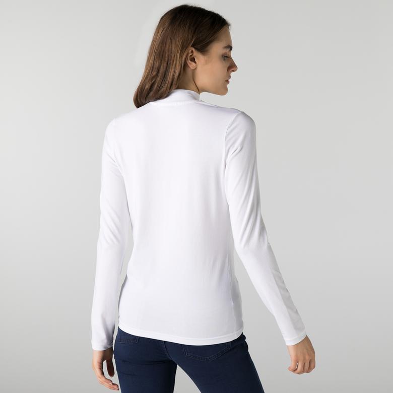 Lacoste Kadın Slim Fit Uzun Kollu Boğazlı Yaka Beyaz T-Shirt