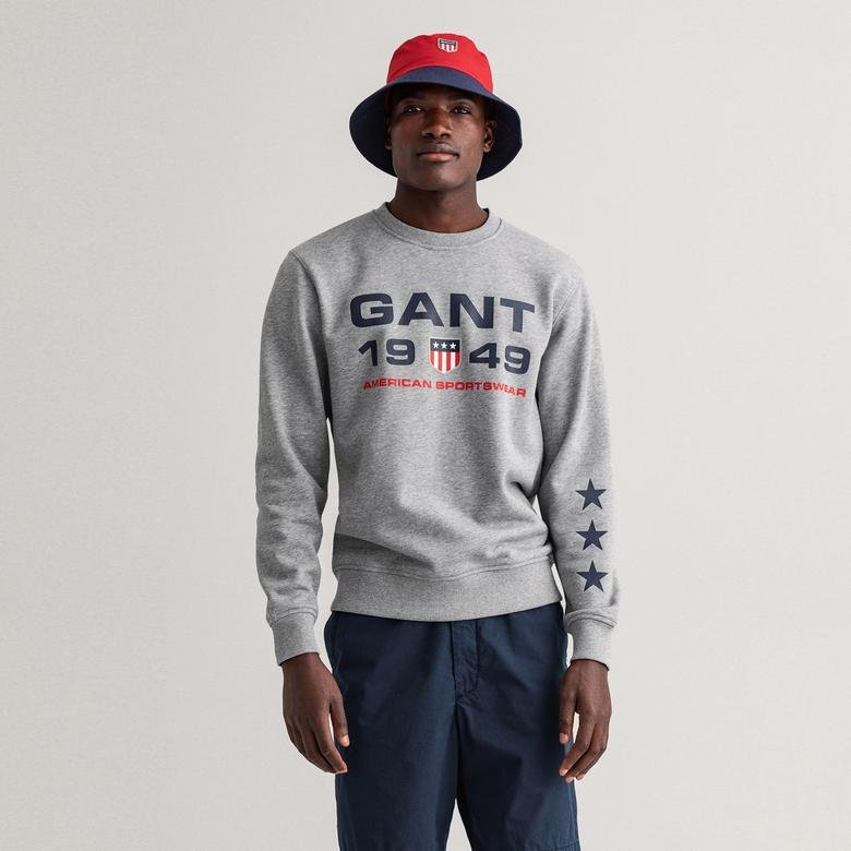 GANT Logo Baskılı Regular Fit Erkek Gri Sweatshirt