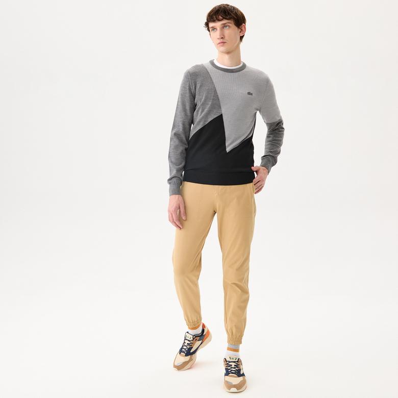 Lacoste Erkek Bisiklet Yaka Renk Bloklu Yün Gri Kazak