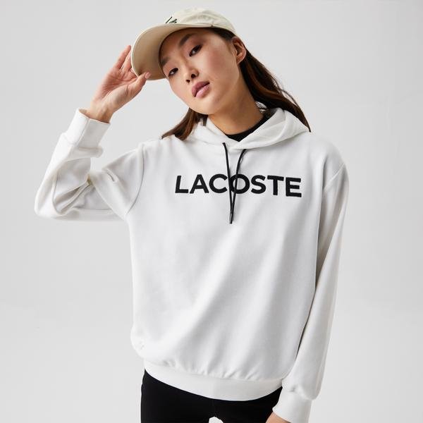 Lacoste Kadın Regular Fit Kapüşonlu Baskılı Beyaz Sweatshirt