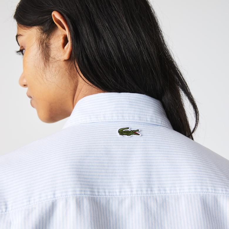 Lacoste Kadın Relaxed Fit Çizgili Açık Mavi Gömlek