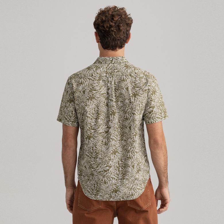 GANT Erkek Yeşil Regular Fit Düğmeli Yaka Desenli Keten Gömlek