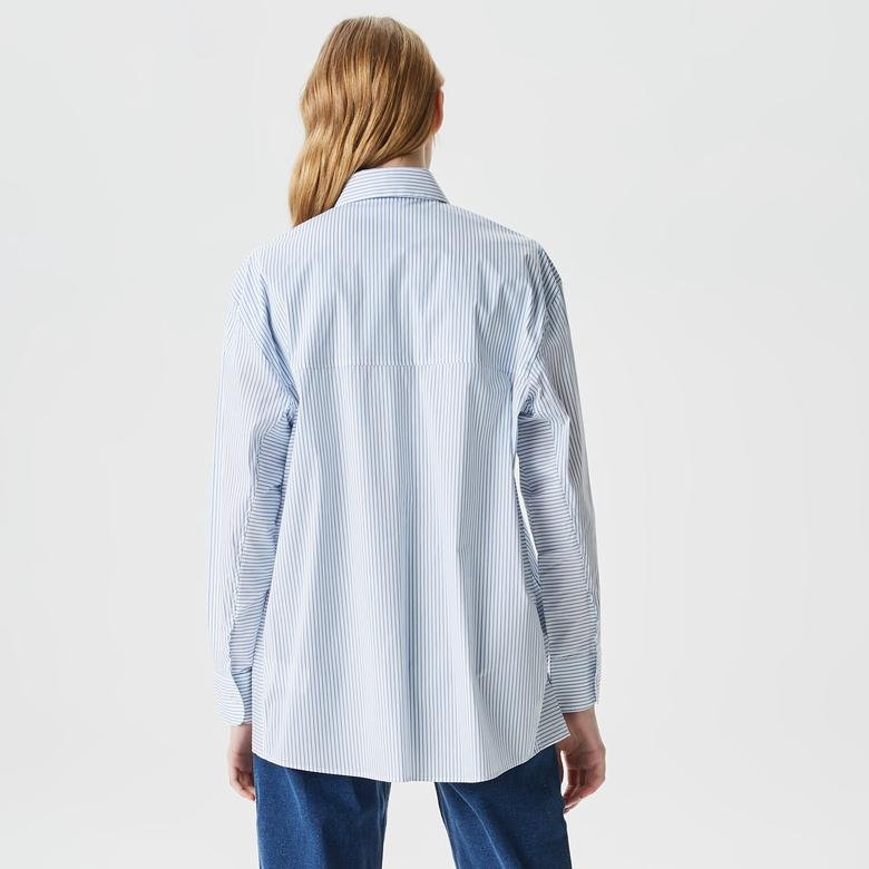 Lacoste Kadın Oversize Uzun Kollu Çizgili Mavi Gömlek