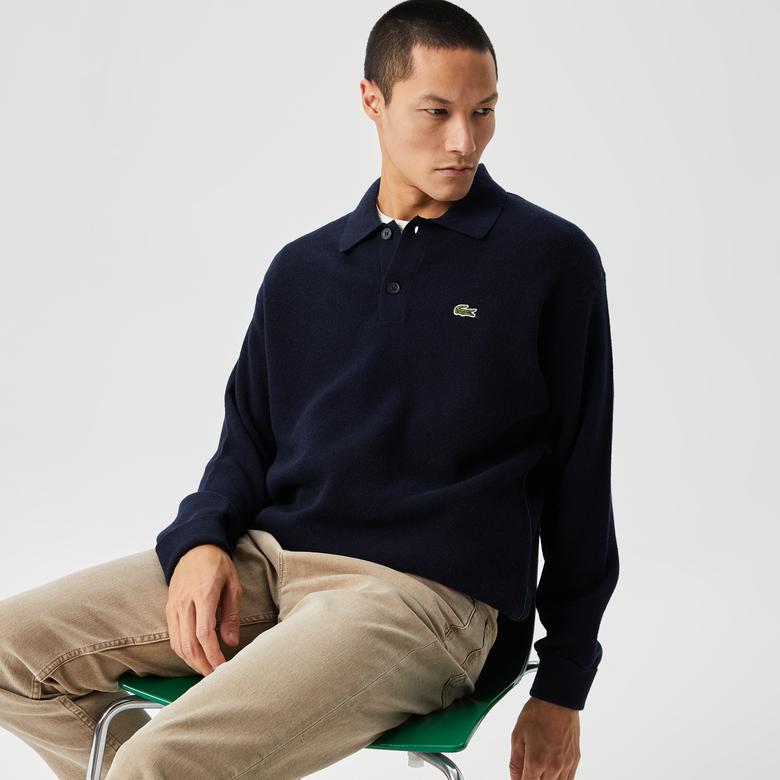 Lacoste Erkek Relaxed Fit Polo Yaka Yün Lacivert Triko