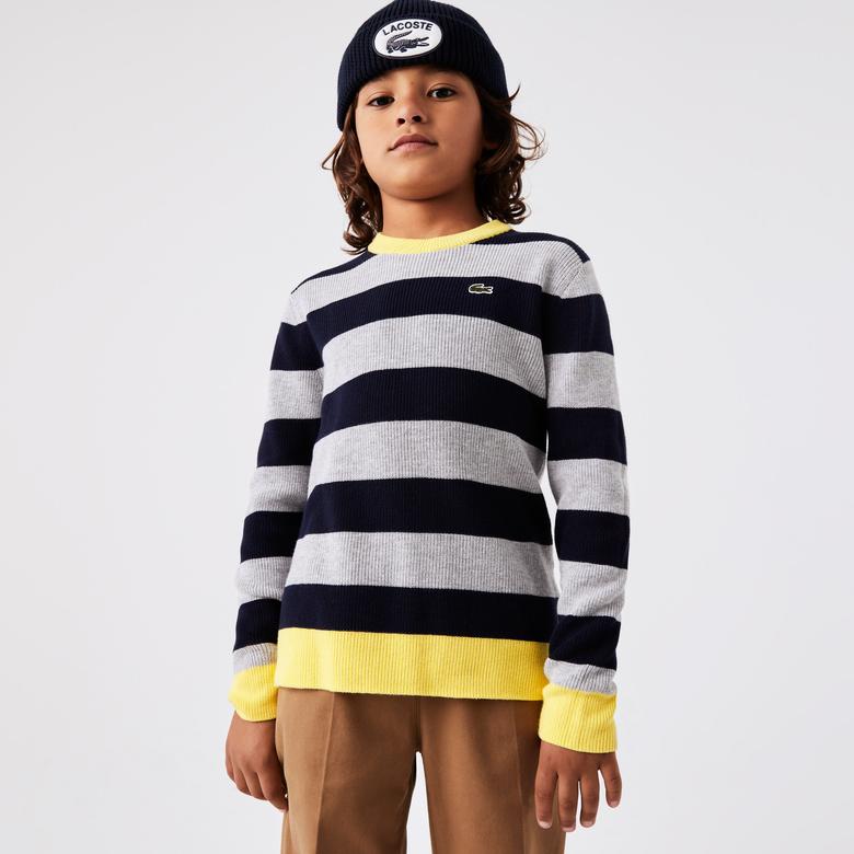 Lacoste Erkek Çocuk Bisiklet Yaka Çizgili Gri Sweatshirt