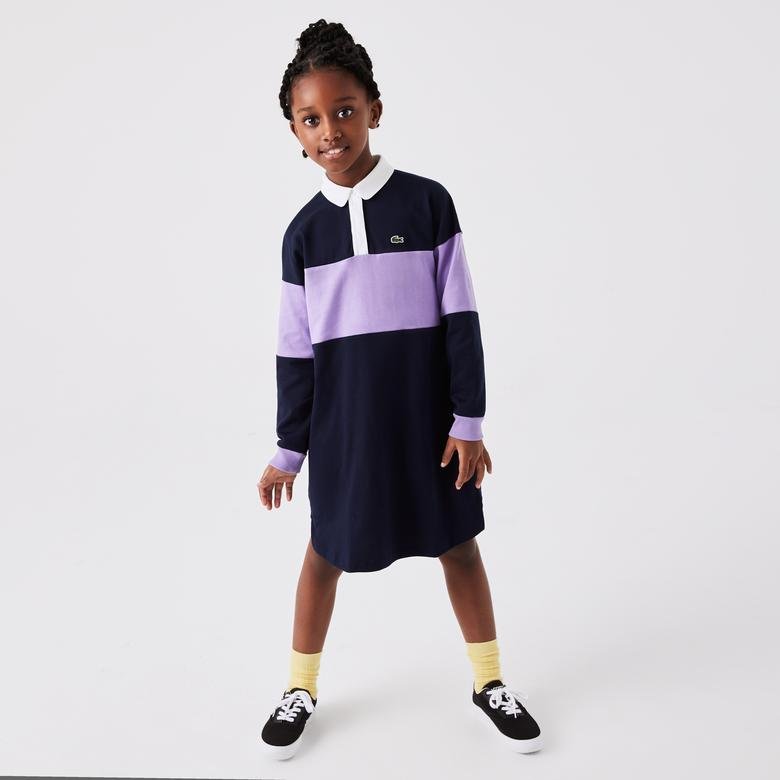 Lacoste Kız Çocuk Uzun Kollu Polo Yaka Renk Bloklu Lacivert Elbise