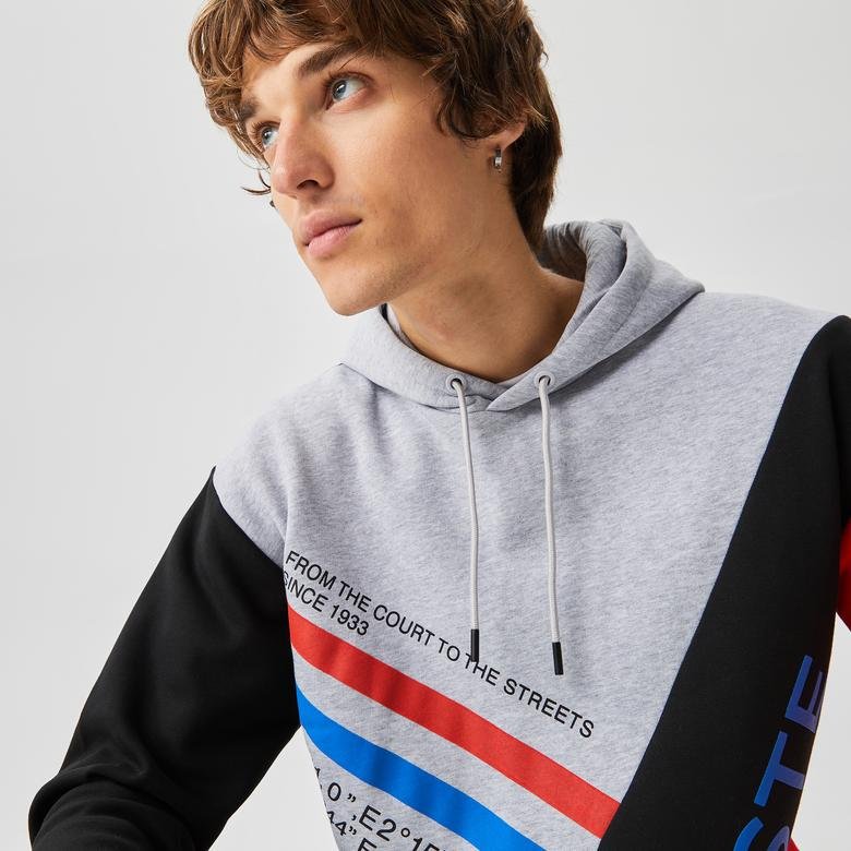 Lacoste Erkek Relaxed Fit Ayarlanabilir Kapüşonlu Renk Bloklu Baskılı Renkli Sweatshirt