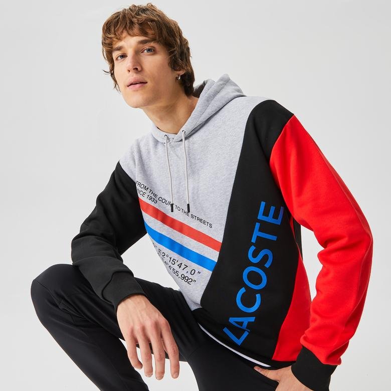 Lacoste Erkek Relaxed Fit Ayarlanabilir Kapüşonlu Renk Bloklu Baskılı Renkli Sweatshirt
