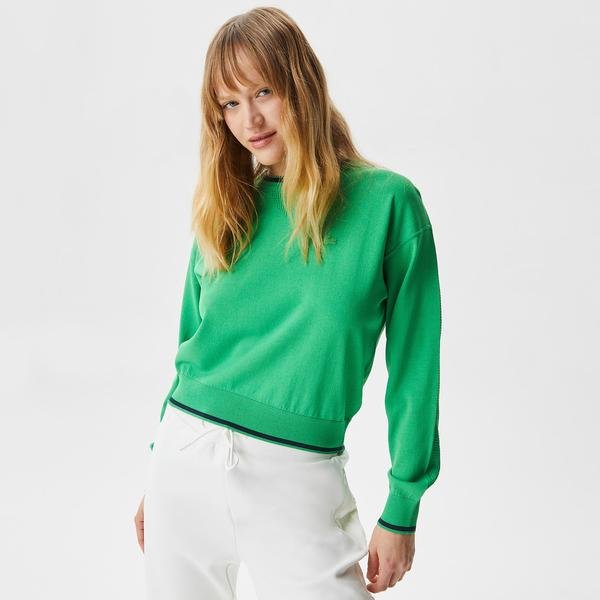 Lacoste Kadın Regular Fit Gömlek Yaka Çizgili Yeşil Triko