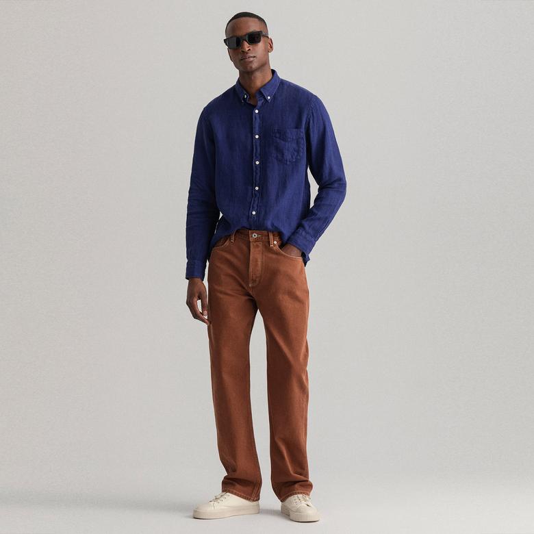 Gant Erkek Lacivert Regular Fit Düğmeli Yaka Keten Gömlek