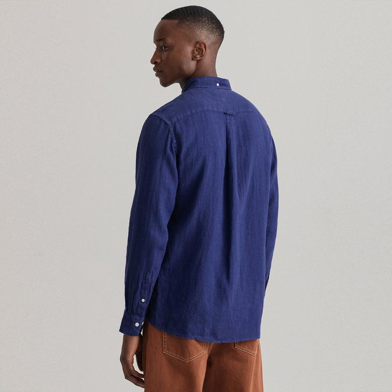 Gant Erkek Lacivert Regular Fit Düğmeli Yaka Keten Gömlek