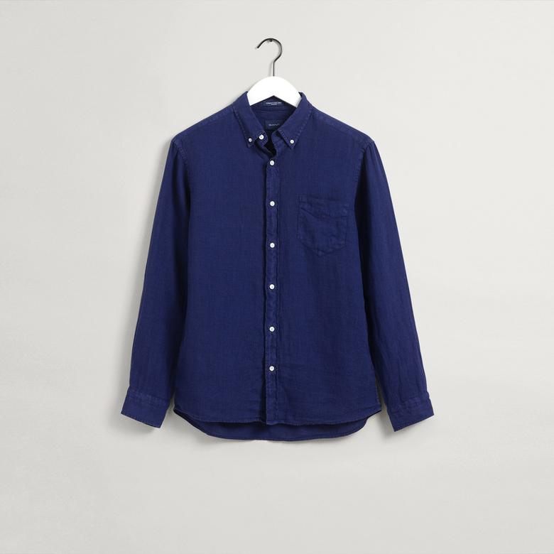 Gant Erkek Lacivert Regular Fit Düğmeli Yaka Keten Gömlek