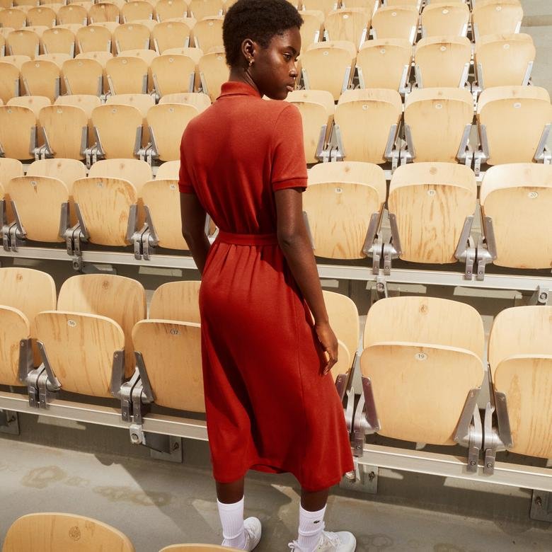 Lacoste Rolland Garros Kadın Loose Fit Kısa Kollu Polo Yaka Bordo Elbise