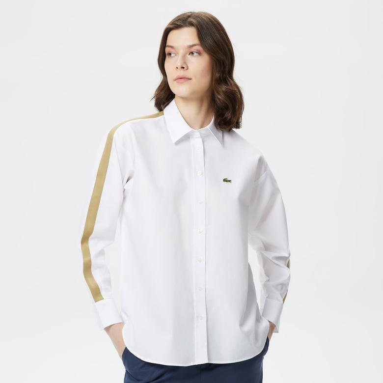Lacoste Kadın Oversize Renk Bloklu Beyaz Gömlek