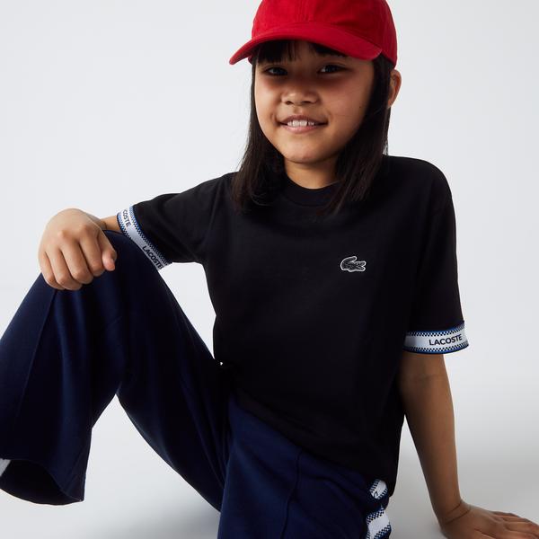 Lacoste Active Kız Çocuk Bisiklet Yaka Baskılı Siyah T-Shirt