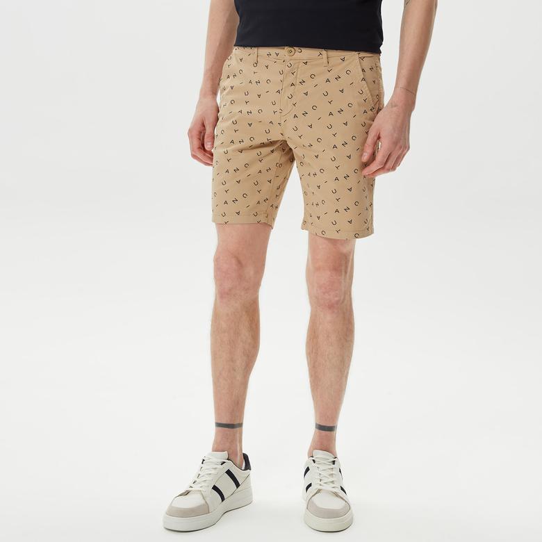 Nautica Erkek Bej Slim Fit Baskılı Bermuda