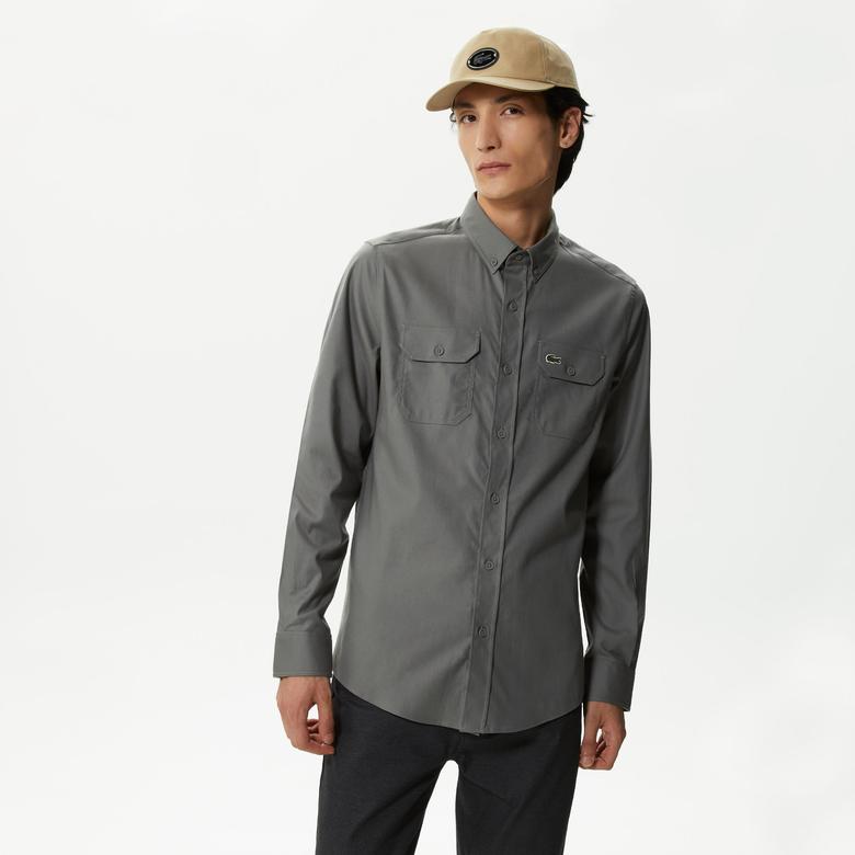 Lacoste Erkek Slim Fit Düğmeli Yaka Koyu Gri Gömlek