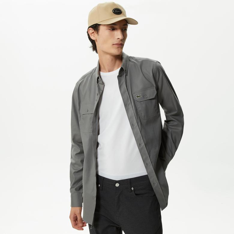 Lacoste Erkek Slim Fit Düğmeli Yaka Koyu Gri Gömlek