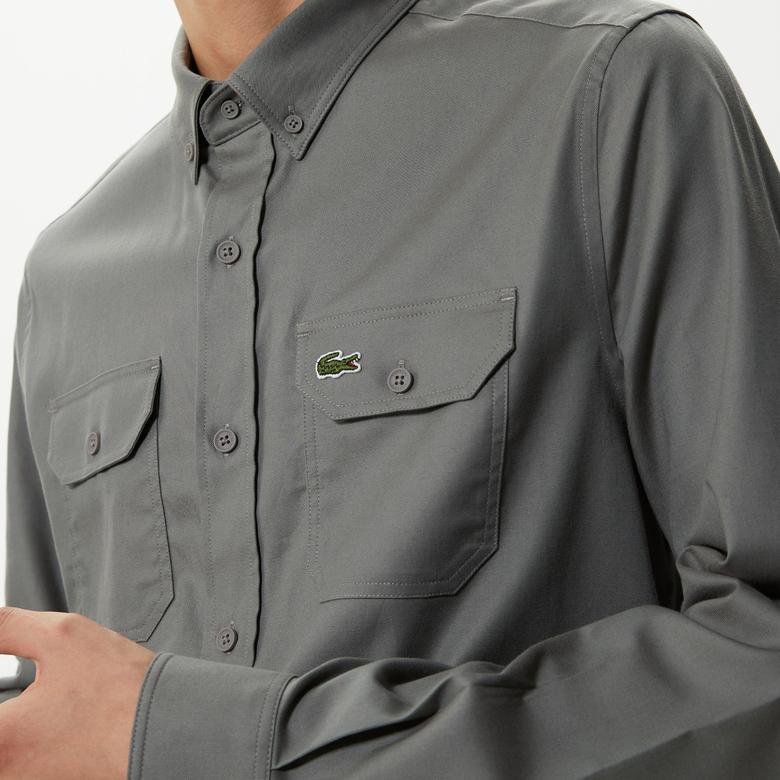 Lacoste Erkek Slim Fit Düğmeli Yaka Koyu Gri Gömlek