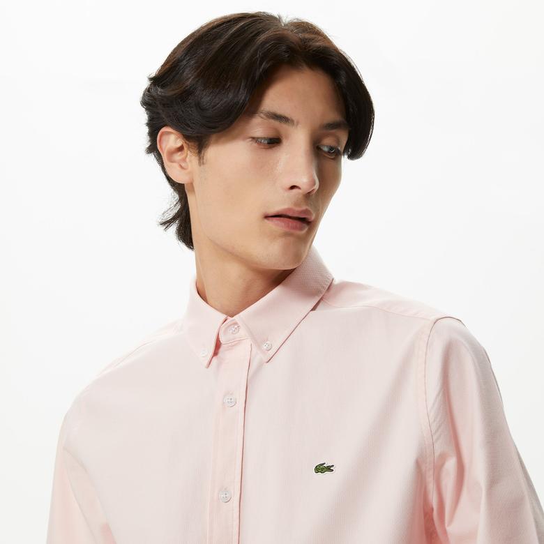 Lacoste Erkek Slim Fit Düğmeli Yaka Organik Pamuk Pembe Gömlek