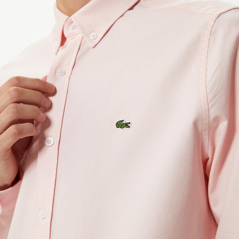 Lacoste Erkek Slim Fit Düğmeli Yaka Organik Pamuk Pembe Gömlek