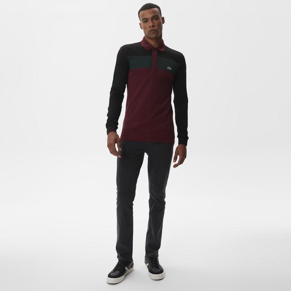 Lacoste Erkek Slim Fit Uzun Kollu Renk Bloklu Bordo Polo
