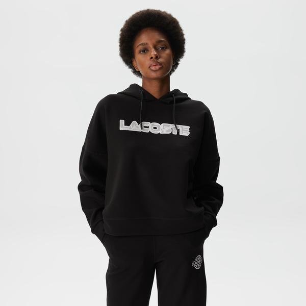 Lacoste Kadın Crop Fit Kapüşonlu Baskılı Siyah Sweatshirt