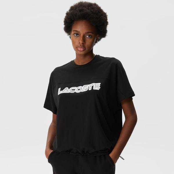 Lacoste Kadın Loose Fit Bisiklet Yaka Baskılı Siyah T-Shirt
