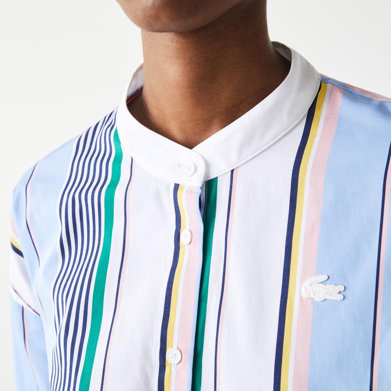 Lacoste LIVE Women?s Classic Fit Scarf Neck Striped Cotton Shirt