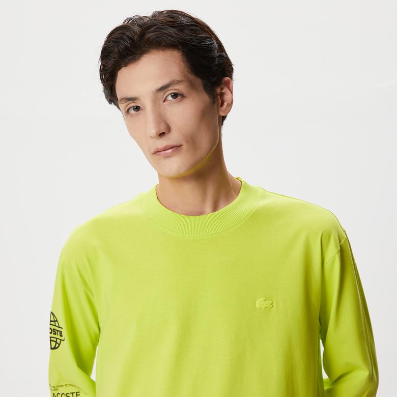 Lacoste Erkek Relaxed Fit Uzun Kollu Bisiklet Yaka Baskılı Sarı T-Shirt