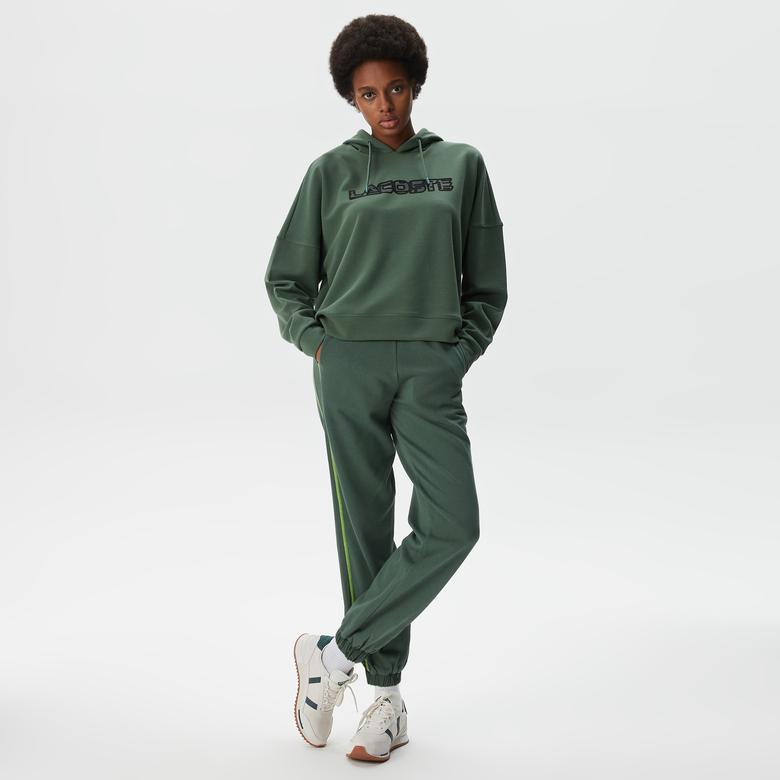 Lacoste Kadın Crop Fit Kapüşonlu Baskılı Yeşil Sweatshirt