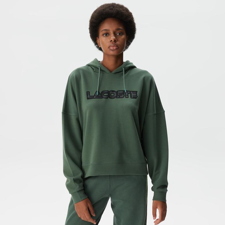 Lacoste Kadın Crop Fit Kapüşonlu Baskılı Yeşil Sweatshirt