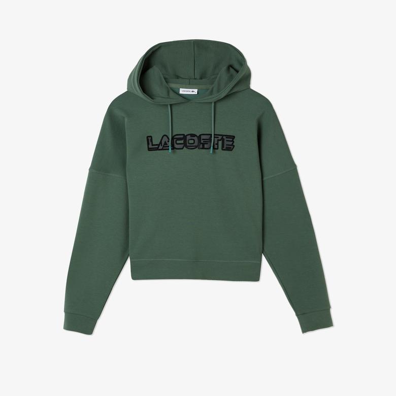 Lacoste Kadın Crop Fit Kapüşonlu Baskılı Yeşil Sweatshirt