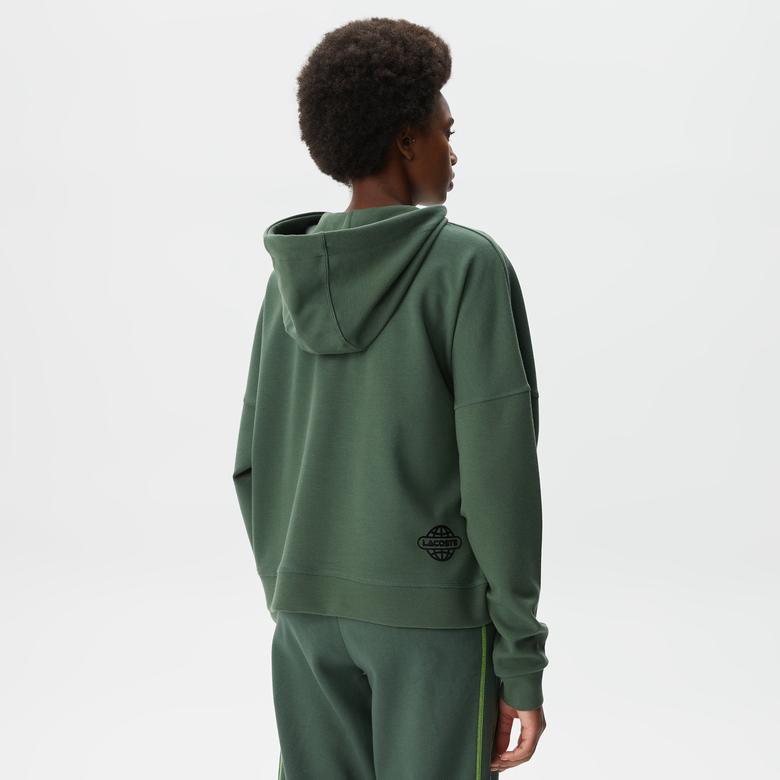 Lacoste Kadın Crop Fit Kapüşonlu Baskılı Yeşil Sweatshirt