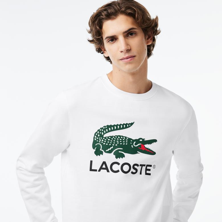 Lacoste Erkek Classic Fit Bisiklet Yaka Baskılı Beyaz Sweatshirt