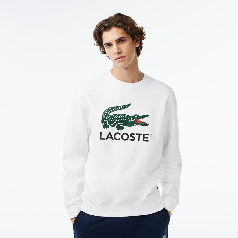 Lacoste Erkek Classic Fit Bisiklet Yaka Baskılı Beyaz Sweatshirt