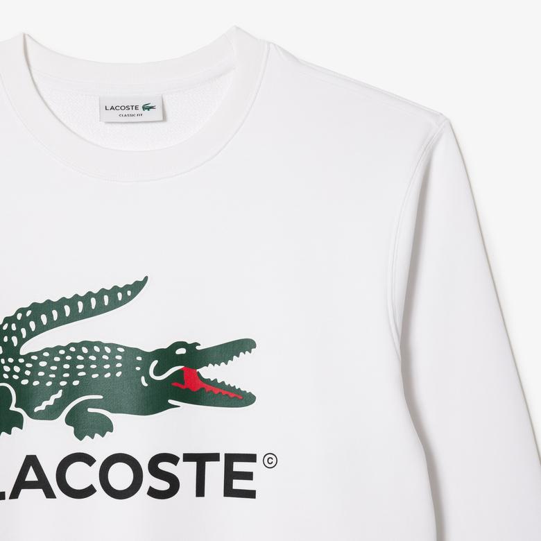 Lacoste Erkek Classic Fit Bisiklet Yaka Baskılı Beyaz Sweatshirt