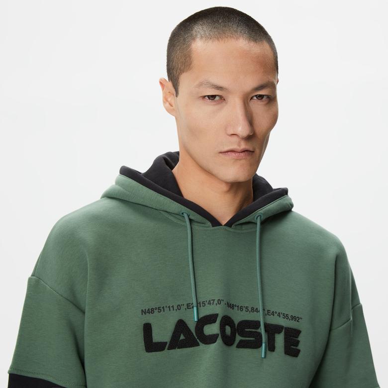 Lacoste Erkek Relaxed Fit Kapüşonlu Renk Bloklu Haki Sweatshirt