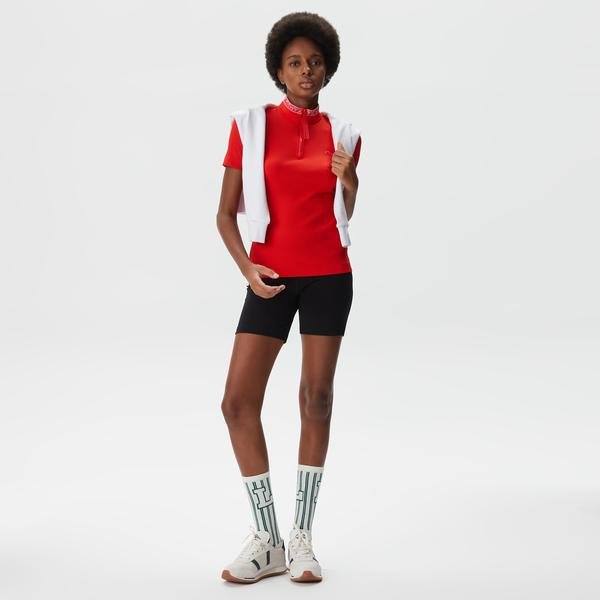 Lacoste Active Kadın Slim Fit Kısa Kollu Yarım Fermuarlı Baskılı Kırmızı Polo