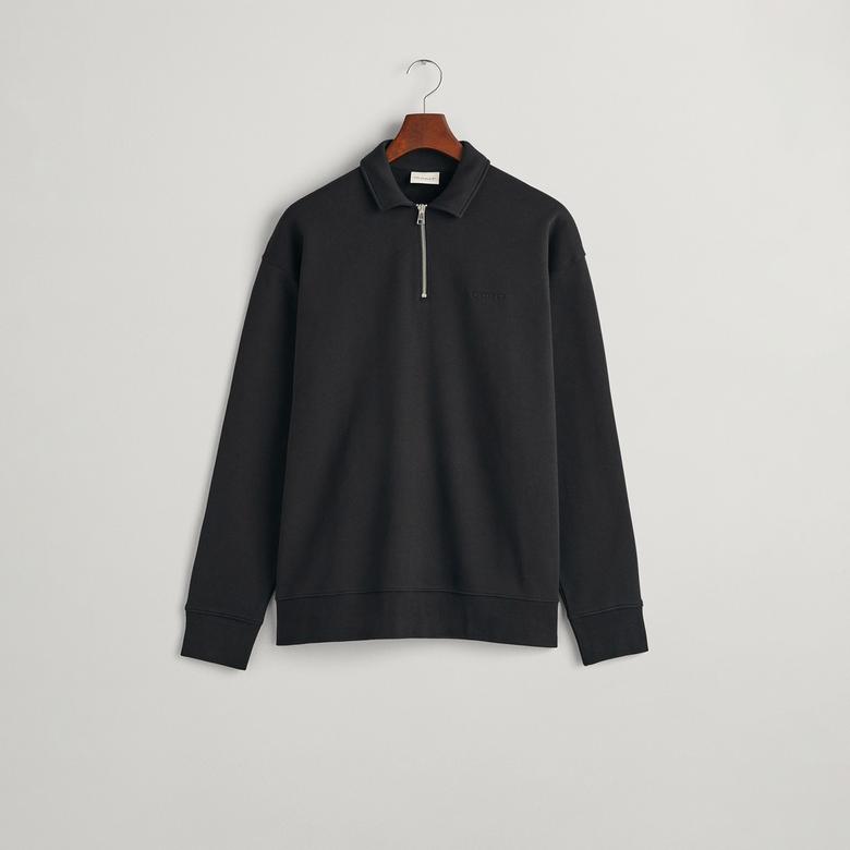 GANT Erkek Siyah Relaxed Fit Yarım Fermuarlı Logolu Sweatshirt