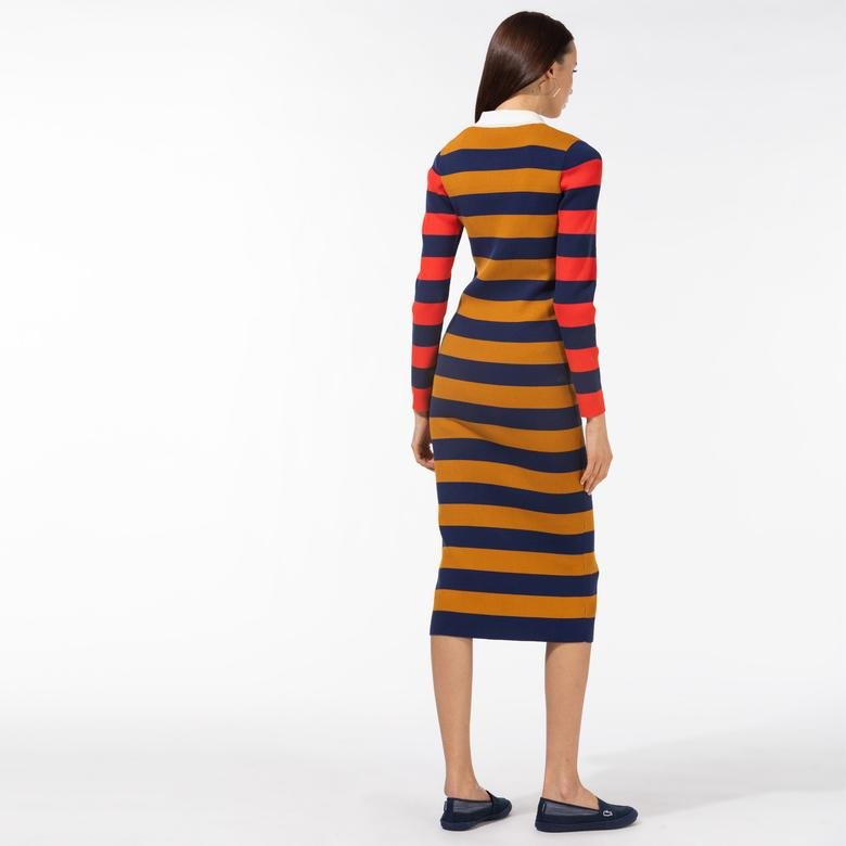 Lacoste Women?s Fitted Striped Ribbed Mid-Length Polo Dress