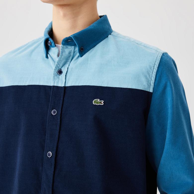 Lacoste Erkek Regular Fit Düğmeli Yaka Renk Bloklu Mavi Gömlek