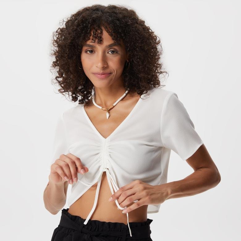 Only Onlnova Lux Kısa Kollu Ruching Top Solid Kadın Beyaz Bluz