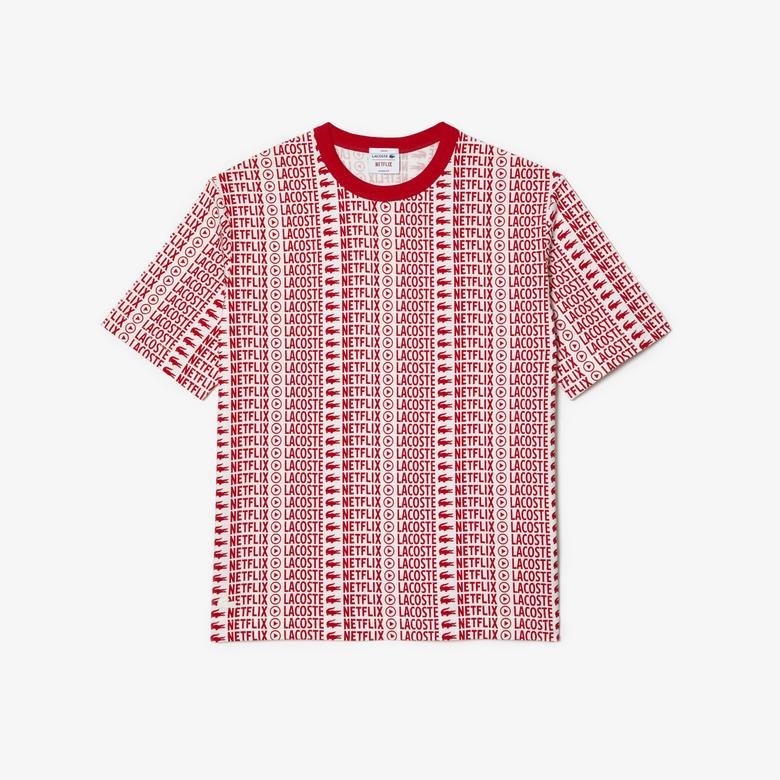 Lacoste x Netflix Unisex Loose Fit Bisiklet Yaka Baskılı Kırmızı T-shirt
