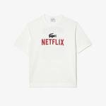 Lacoste x Netflix Unisex Loose Fit Bisiklet Yaka Baskılı Bej T-shirt