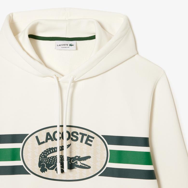 Lacoste Erkek Classic Fit Kapüşonlu Baskılı Beyaz Sweatshirt