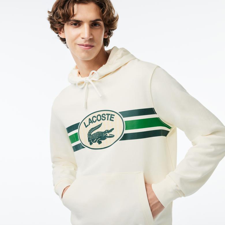 Lacoste Erkek Classic Fit Kapüşonlu Baskılı Beyaz Sweatshirt